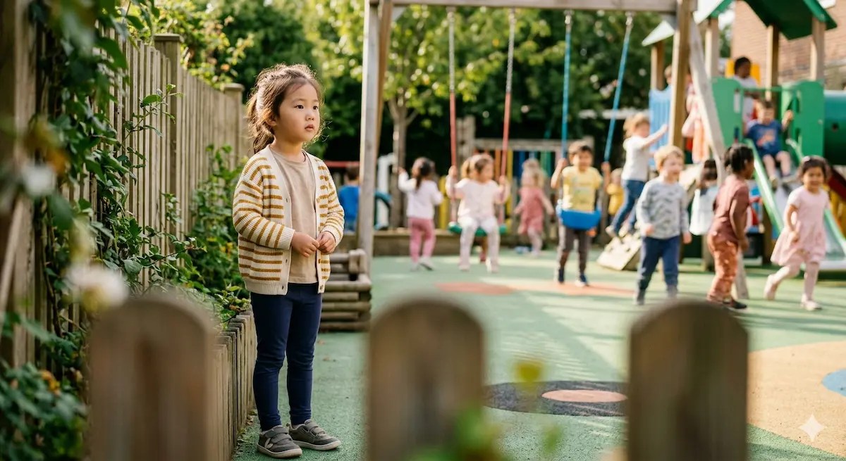 A **sensitive observer** child cautiously scanning a busy playground, illustrating high-definition observation and strategic thinking.