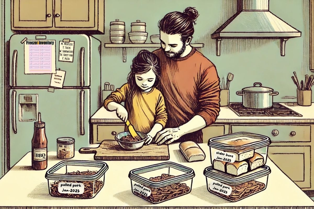 A father and daughter prepare pulled pork sliders in a cozy kitchen using pre-labeled freezer meal containers. The fridge features a freezer inventory list, illustrating a practical category-based freezer meal system for busy families. This organized approach creates stress free meal prep and planning.