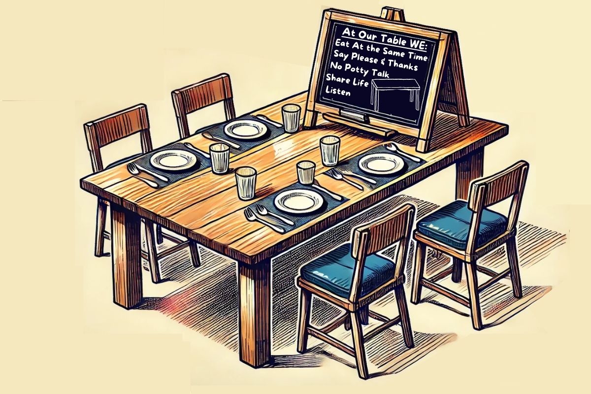 A cozy wooden dining table set for six, complete with plates, glasses, and silverware. A chalkboard sign propped up on the table lists family dinner expectations, including eating together, saying please and thank you, and listening. The setting emphasizes connection, routine, and shared mealtime values.