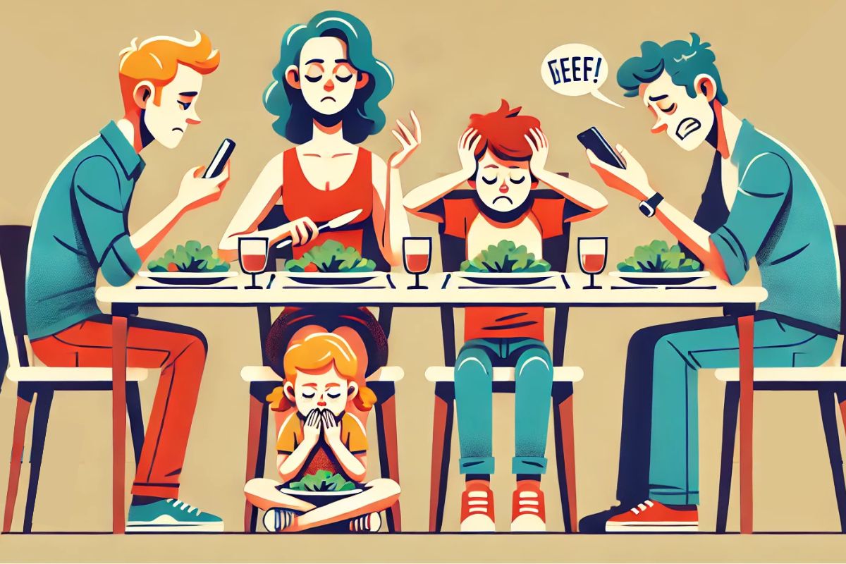 Illustration of a frustrated family at the dinner table, struggling with mealtime challenges. A mother in a red dress looks exasperated while cutting her food, a father is distracted by his phone, a child holds their head in distress, and a young girl sits on the floor refusing to eat her meal. The scene highlights common family dinner struggles, including picky eating, screen time distractions, and communication issues during meals.