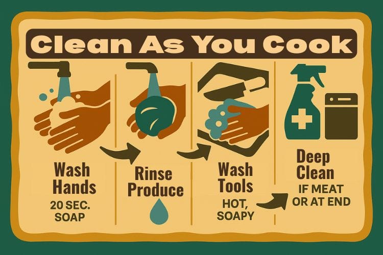 Illustrated kitchen hygiene guide for kids showing how to wash hands, rinse produce, clean cutting tools with hot soapy water, and sanitize surfaces. Designed to teach food safety for families during meal prep.