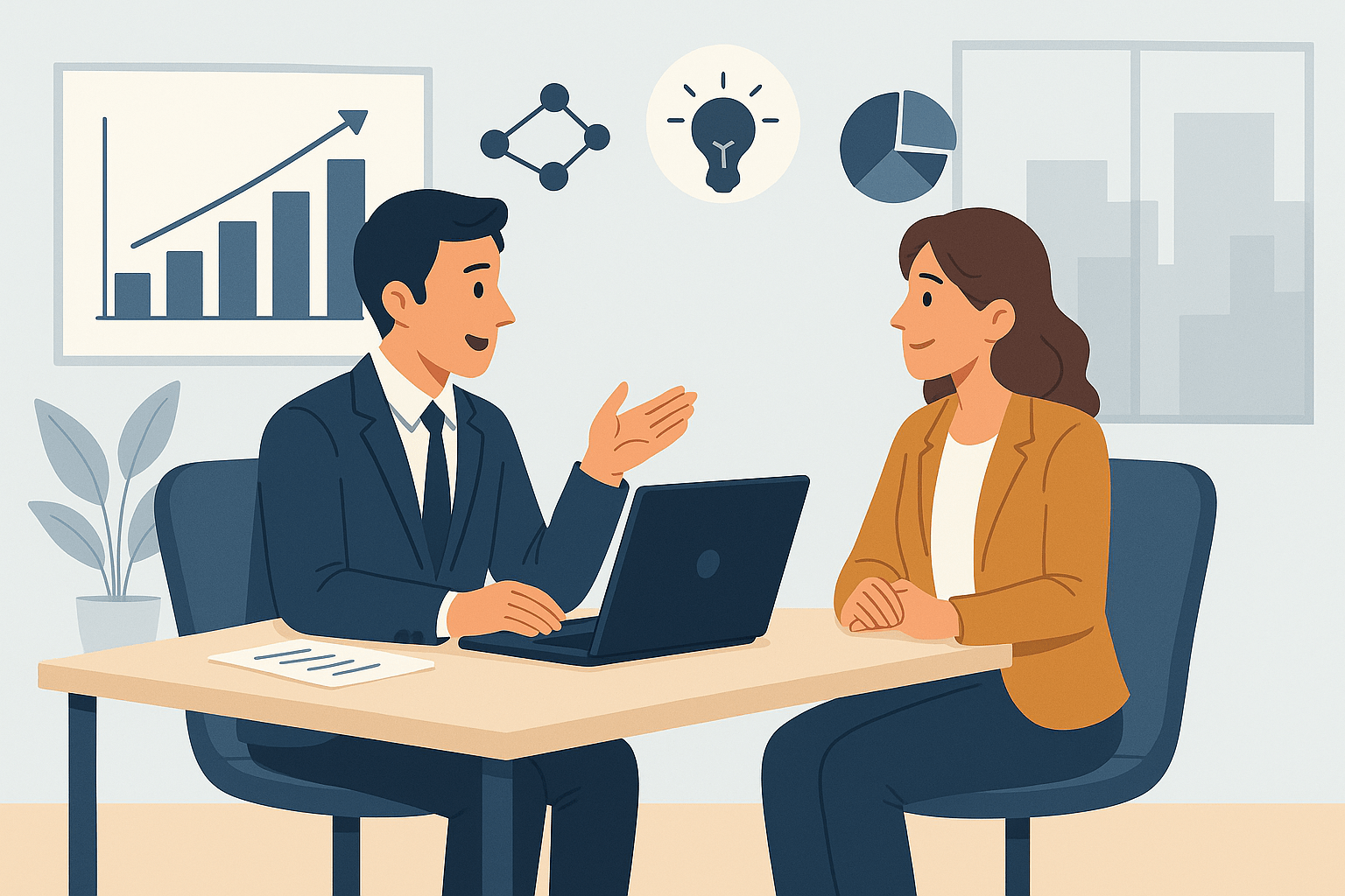 Business meeting with charts and laptop.