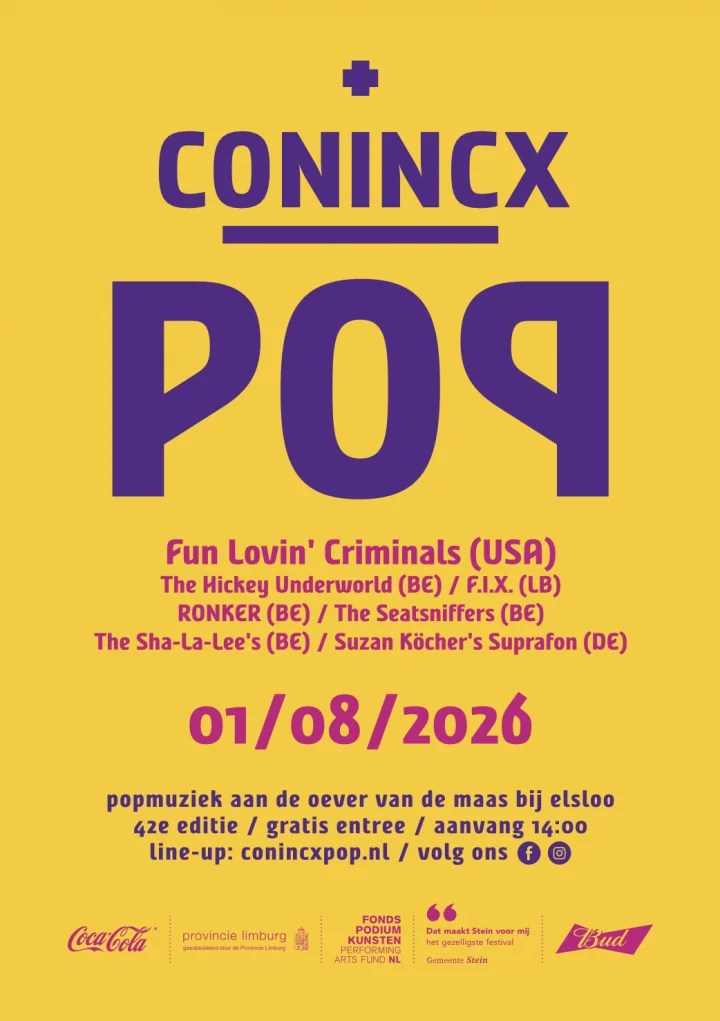 Conincx Pop heeft de eerste namen voor de 42e editie bekendgemaakt. Op het Limburgse festival staan onder meer Fun Lovin' Criminals, Suzan Köcher's Suprafon en diverse Belgische bands.