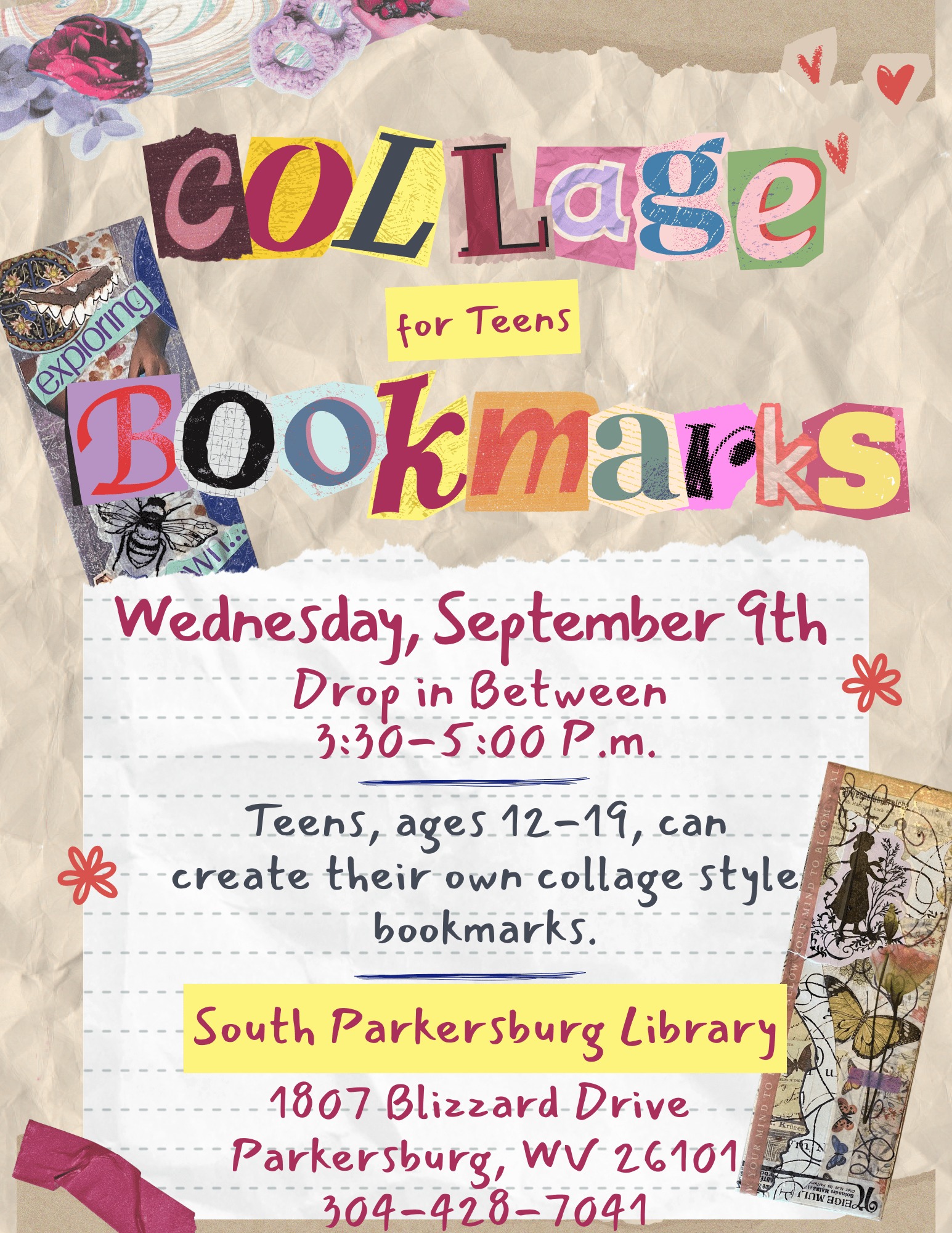 Collage Bookmarks for Teens (South Parkersburg Library)