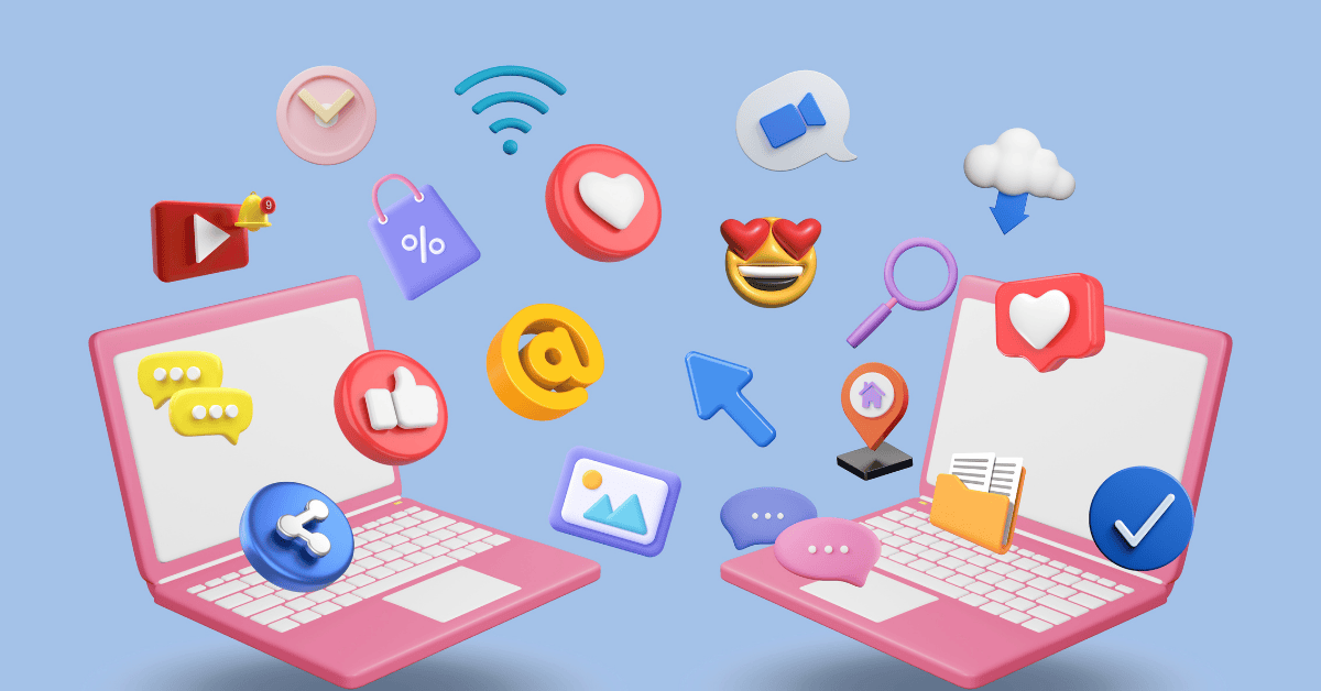 3D illustration of two laptops surrounded by social media icons, including likes, comments, video, shopping, and location pins, representing 2027 social media trends
