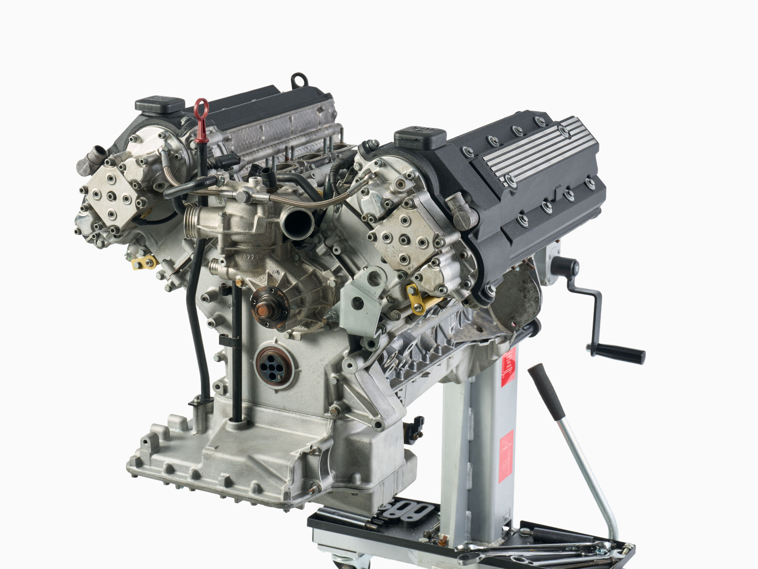 BMW S62 engine longblock on a stand, rebuilt by Partee Racing with upgraded internals and wrinkle black valve covers.