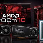 AMD ROCm 10 display with AMD Radeon AI PRO R9700 and other Radeon hardware in a tech setting.