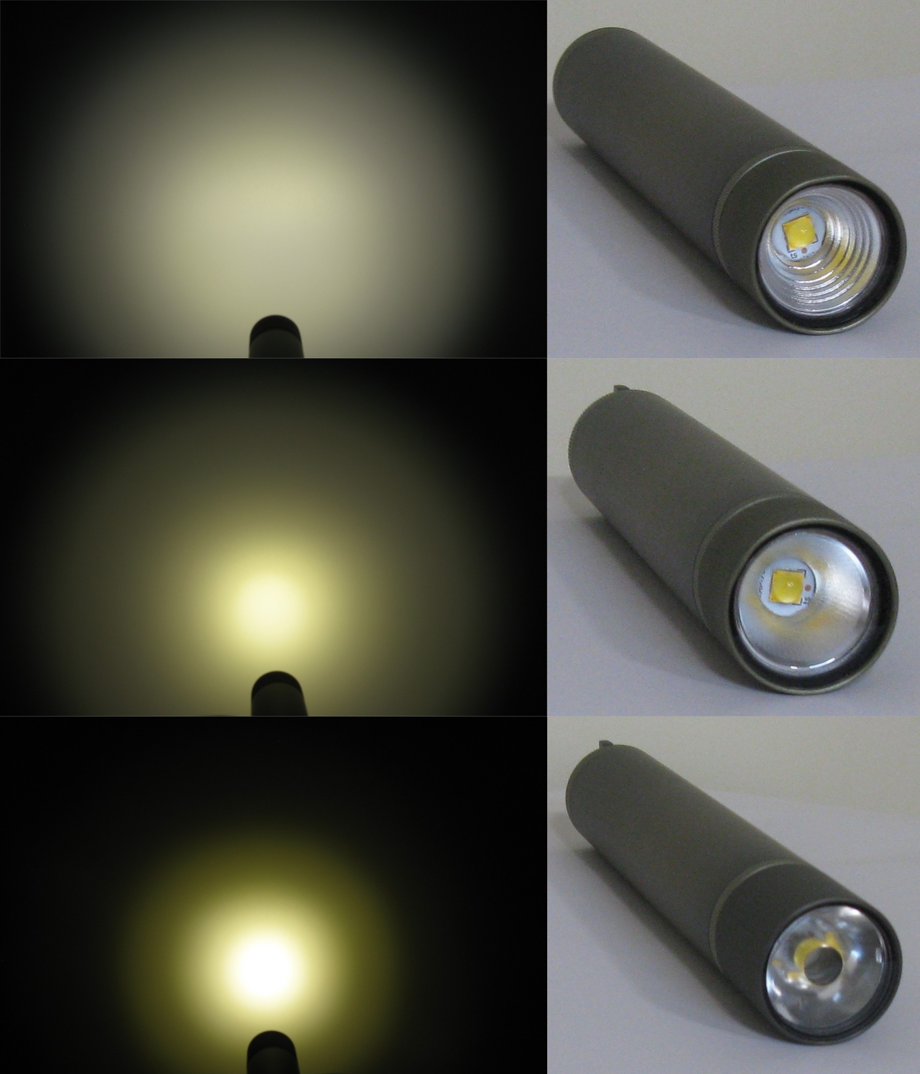 Real photograph showing flashlight reflectors and optical components used to shape different beams