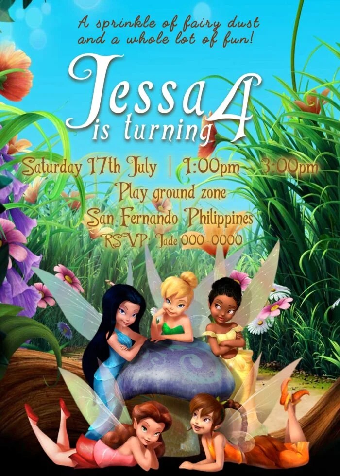 Tinkerbell Birthday Invitation Card, 4 x 6 or 5 x 7 1695