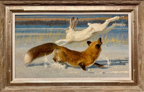 Dynamic painting of a white hare leaping as a red fox lunges in the snow, capturing motion at the National Museum of Wildlife Art