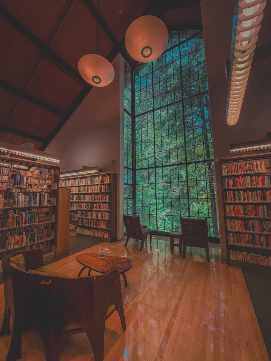 Mill Valley Public Library aesthetic, reading chairs, and giant window with view of redwood trees
