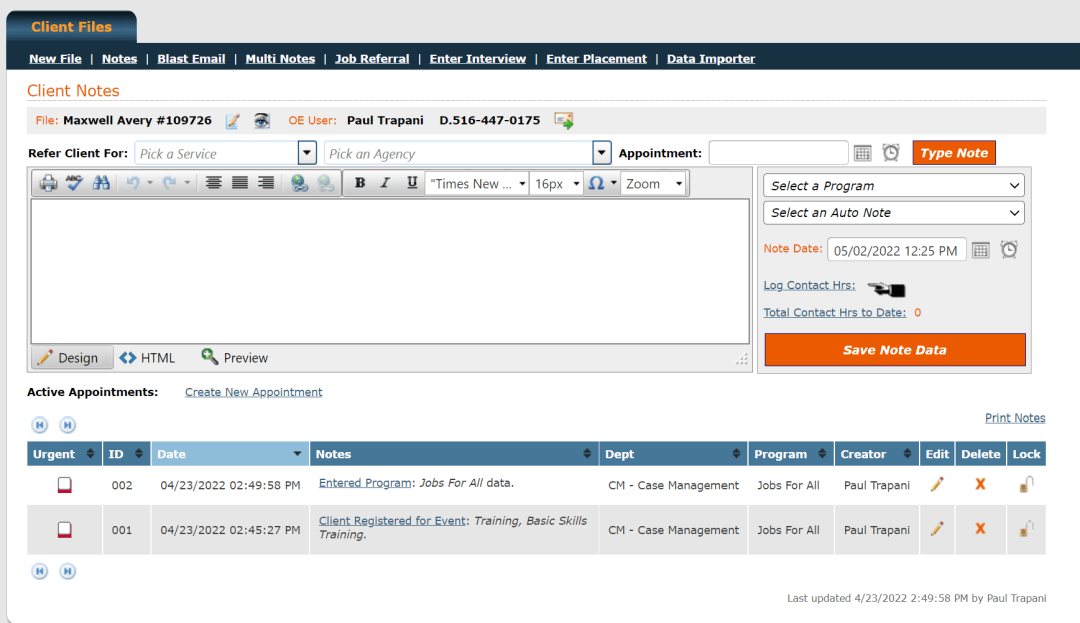 Screenshot of Outcomes Express Client Notes