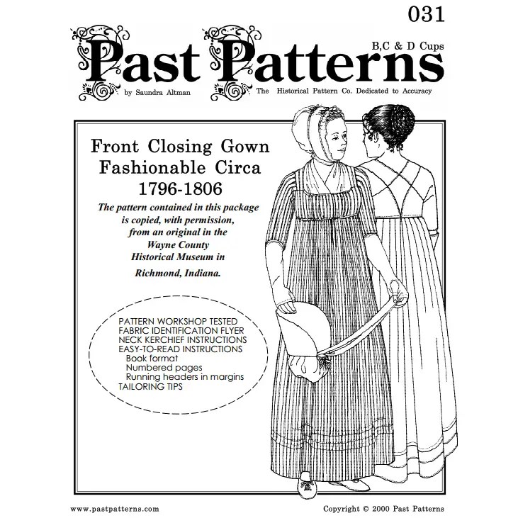 1790s Front Closing Gown Sewing Pattern Bust Sizes 3248 Past Patterns