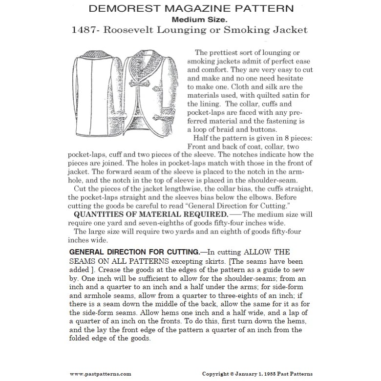 Early 1900s Roosevelt Smoking Jacket Sewing Pattern Chest Sizes 44-54 ...