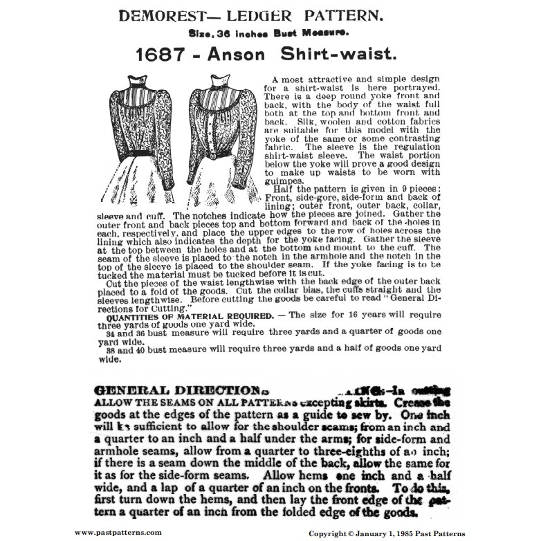 Late 1890s Anson Shirt Waist Sewing Pattern Bust 36 B36 Demorest ...