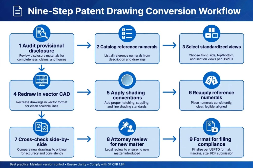 Step-by-step provisional to nonprovisional patent drawing conversion workflow