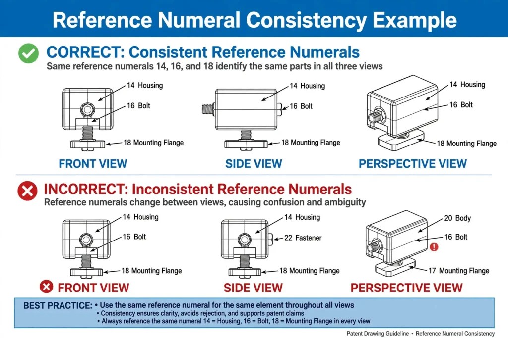 Reference numeral consistency in provisional to nonprovisional patent drawing conversion