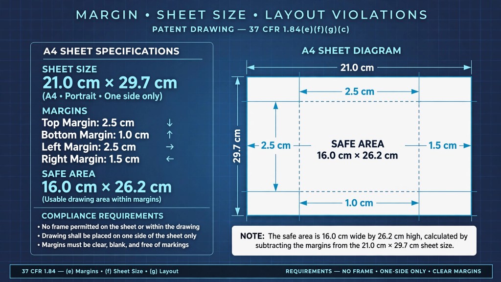 A4 sheet margin violations 2.5cm top left 1.5cm right 1.0cm bottom 37 CFR 1.84