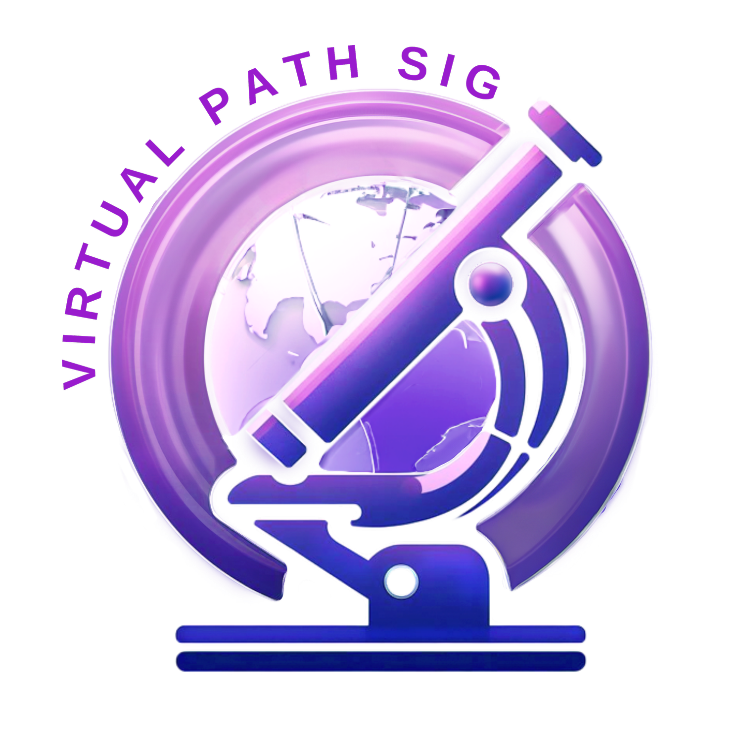 A purple and blue microscope stands in front of a globe, encircled by a ring with the text VIRTUAL PATH SIG above the image.