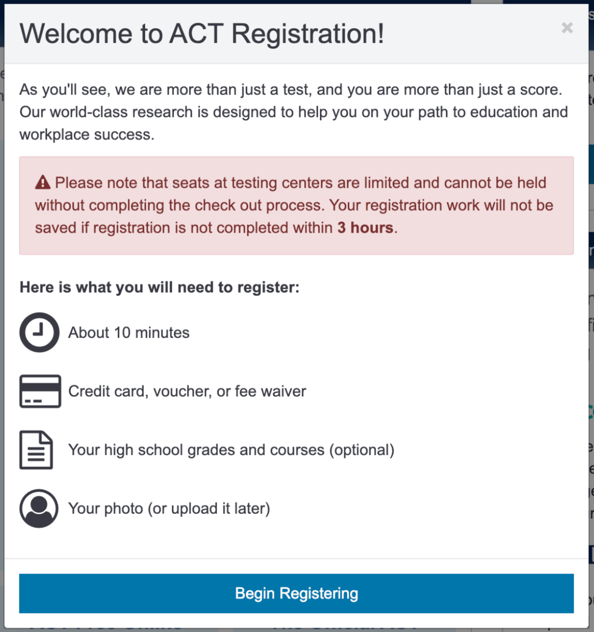 ACT registration welcome screen listing what you need: about 10 minutes, a payment method, and a photo