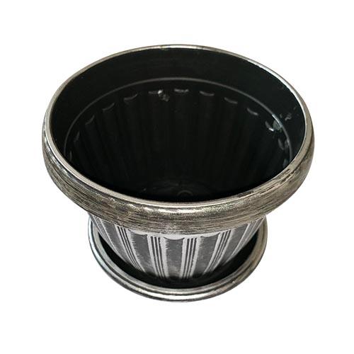 Flower Pot Round Plastic Painted Silver with Plate D16xH11.5cm(6.3"x4.5")