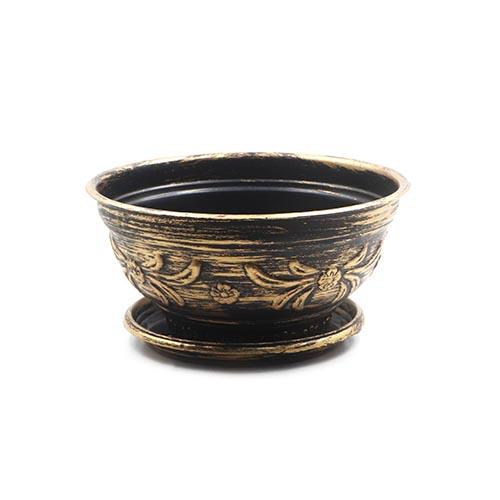 Flower Pot Round Plastic Painted Golden with Plate D19.8xH9.5cm(7.8"x3.74")