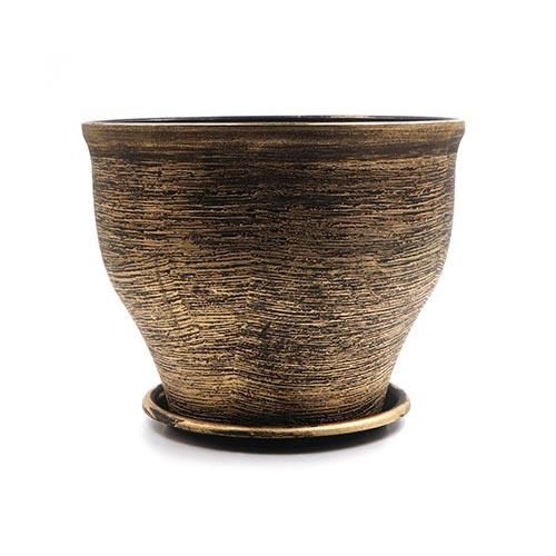 Flower Pot Round Plastic Painted Golden with Plate D22.2xH18cm(8.7"x7")