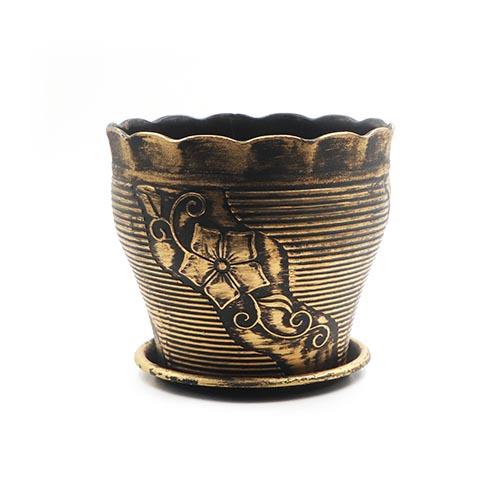 Flower Pot Round Plastic Painted Golden with Plate D19.2xH17cm