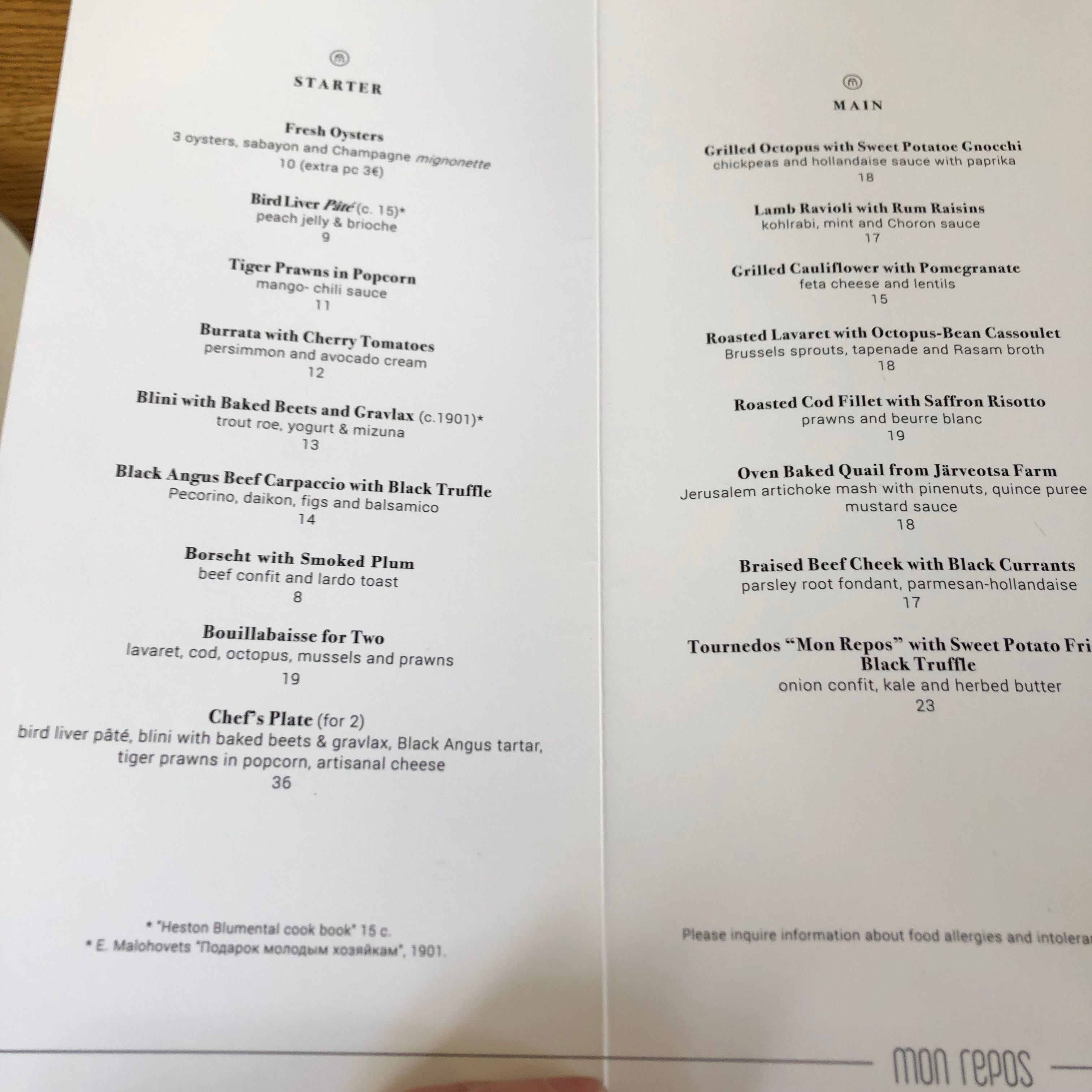 Gorgeous menu. We shared some starters.