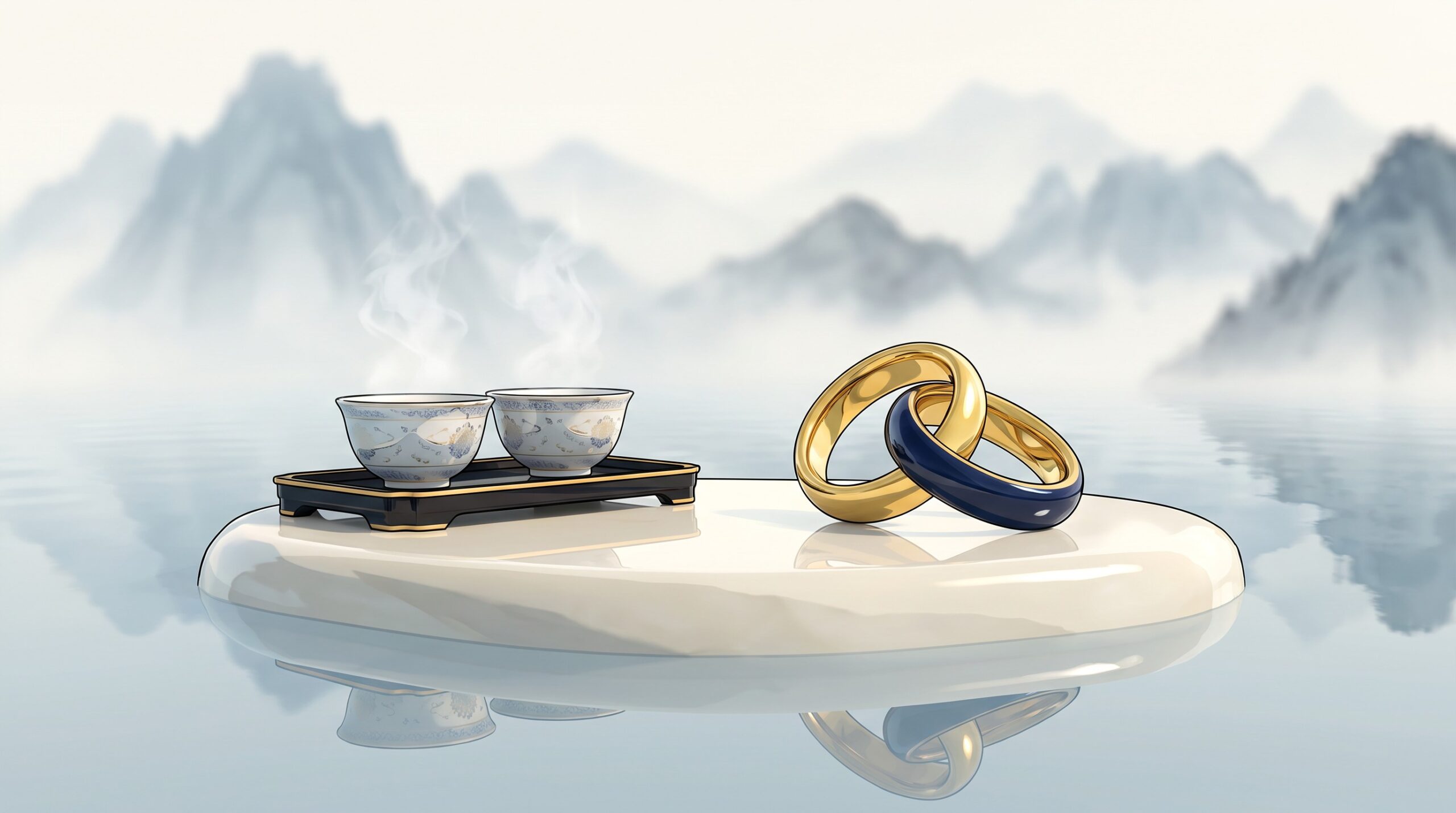 Interlocking gold and navy rings beside two tea cups