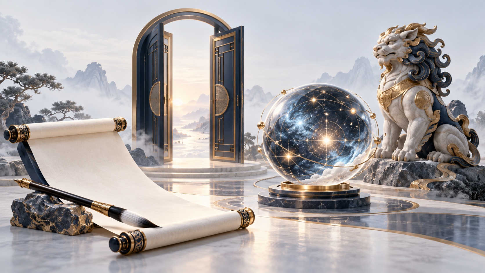 Qimen components: door, star globe, guardian lion and scroll