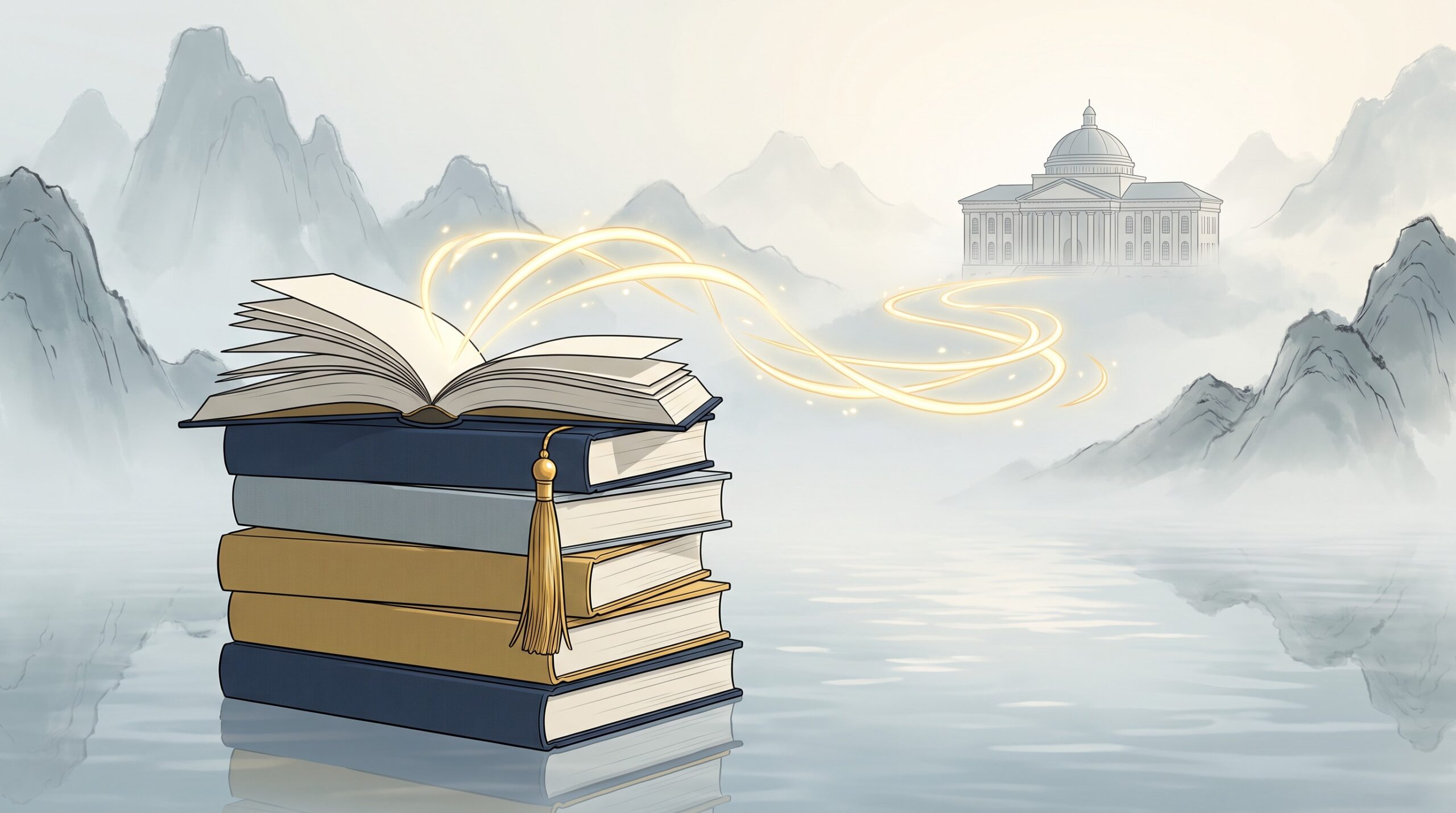 Navy and gold books releasing golden paths of light toward a university building