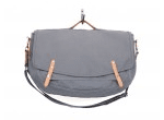 Gray messenger bag with brown straps.