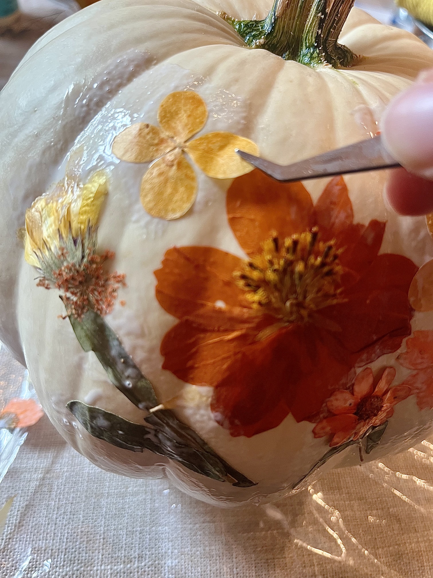 how to decoupage pumpkin with dried flowers