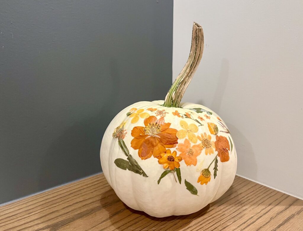 decoupage pumpkin with dried flowers