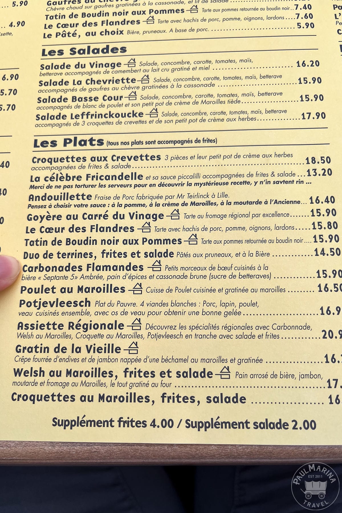 Food Menu at the Estaminet Chez La Vieille