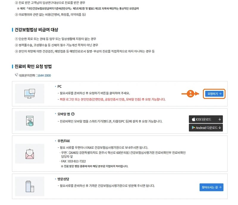 진료비 확인 요청 방법 네 가지 안내 화면. PC 항목의 요청하기 버튼 위치를 화살표로 표시함