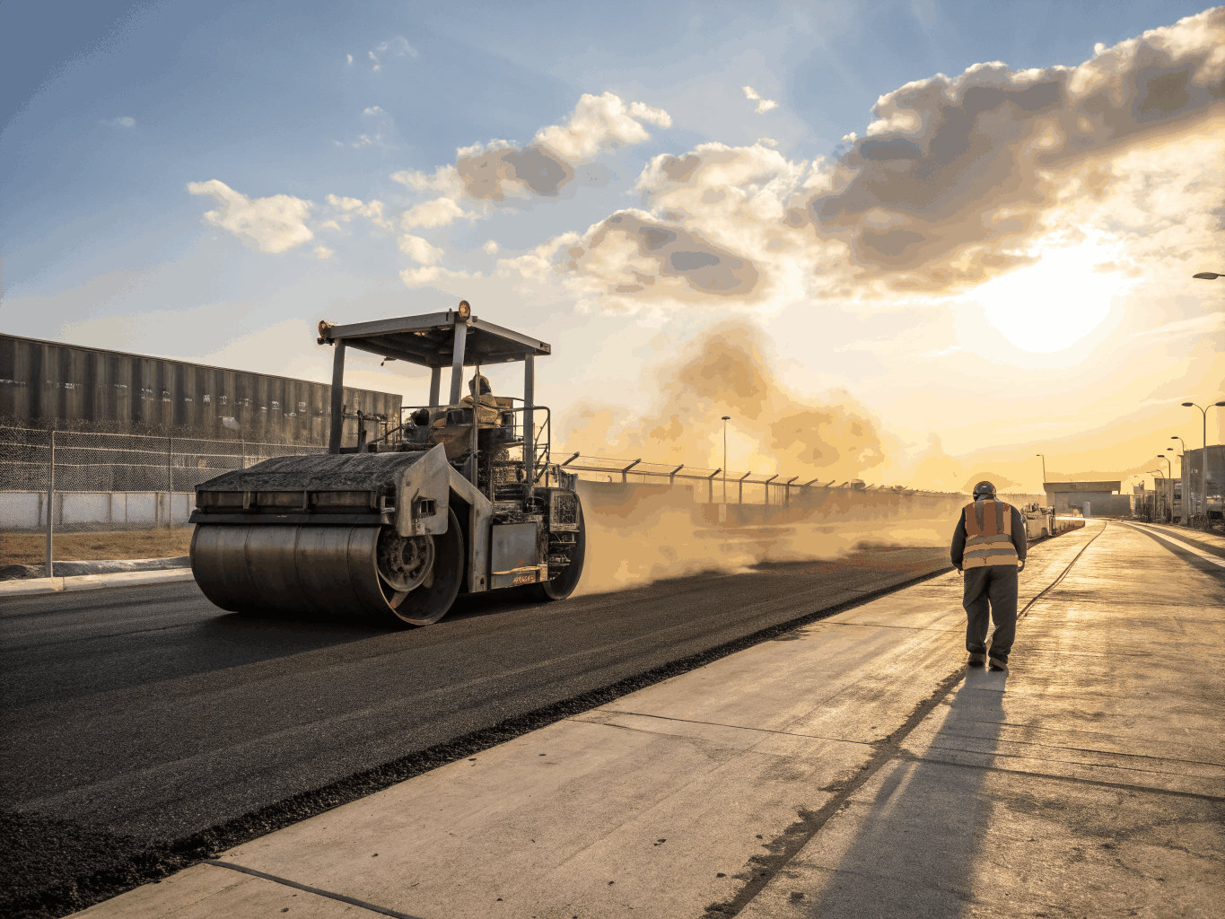 Heavy machinery laying fresh asphalt on a commercial site