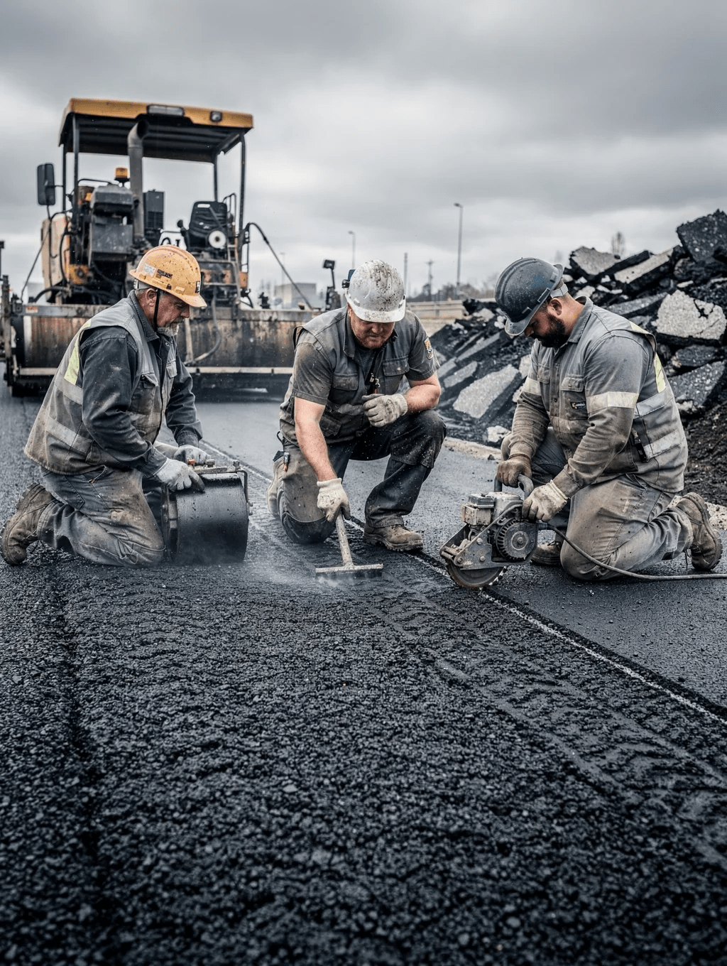 Pave Plus crew laying fresh asphalt on a commercial site