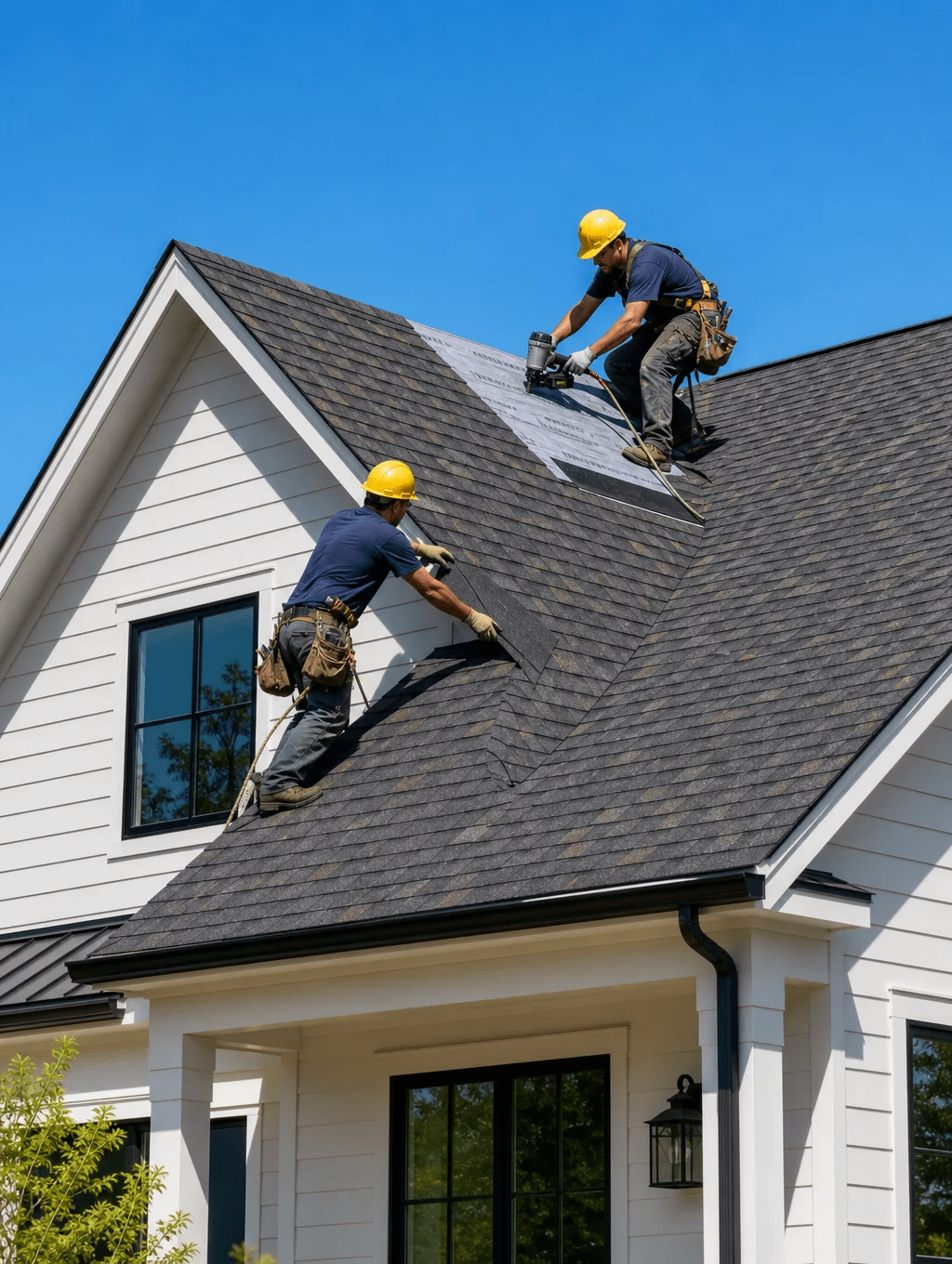 Roofing contractor installing shingles on a residential home