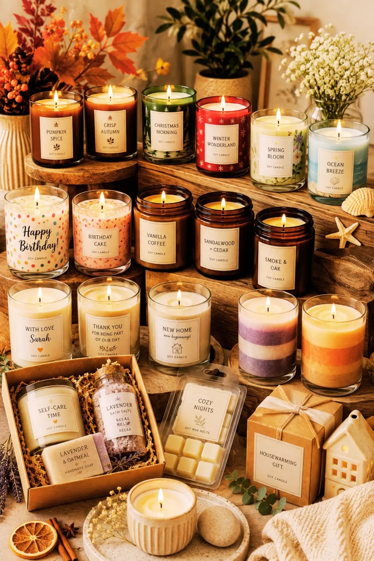 Different types of homemade candles.