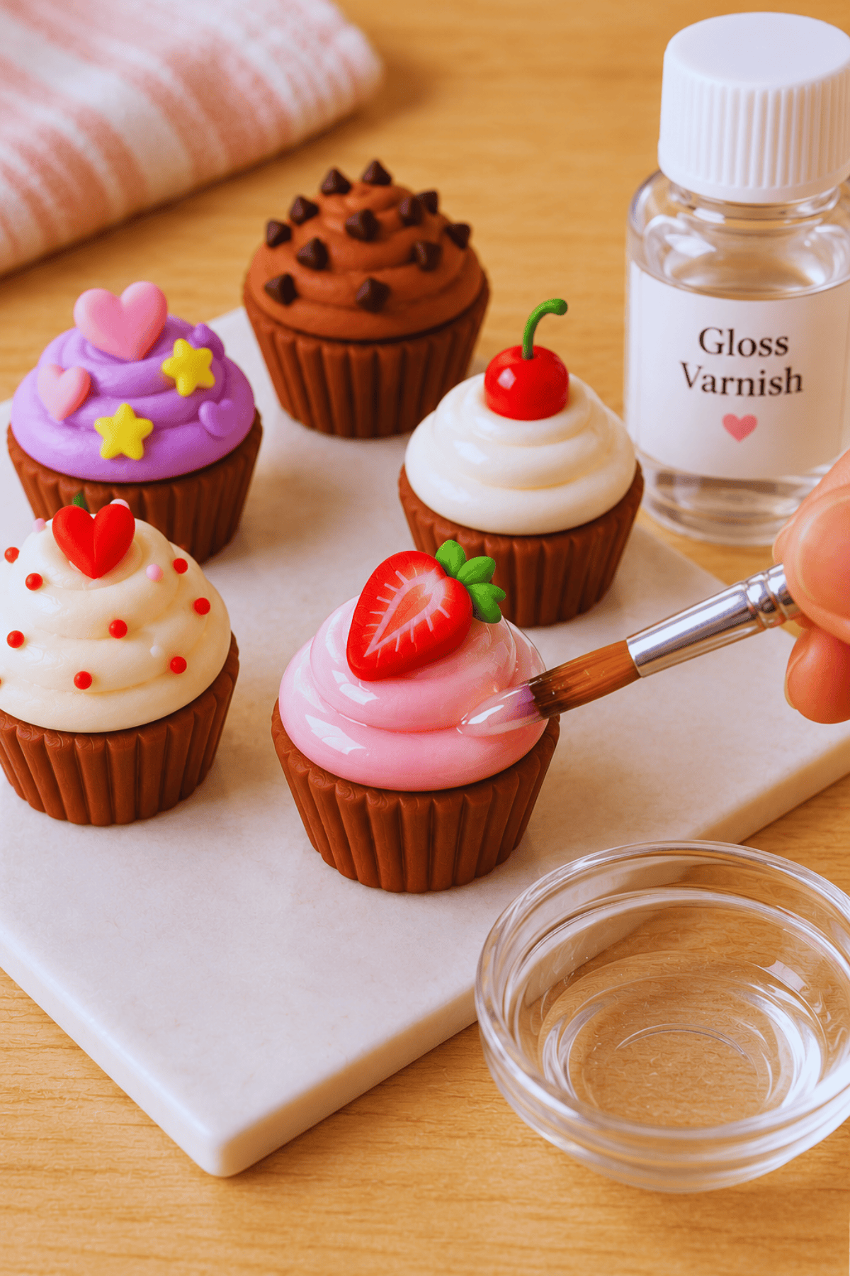 A small brush applies clear gloss varnish to the pink frosting of a miniature polymer clay cupcake, creating a shiny finish while keeping the brown cupcake base matte.