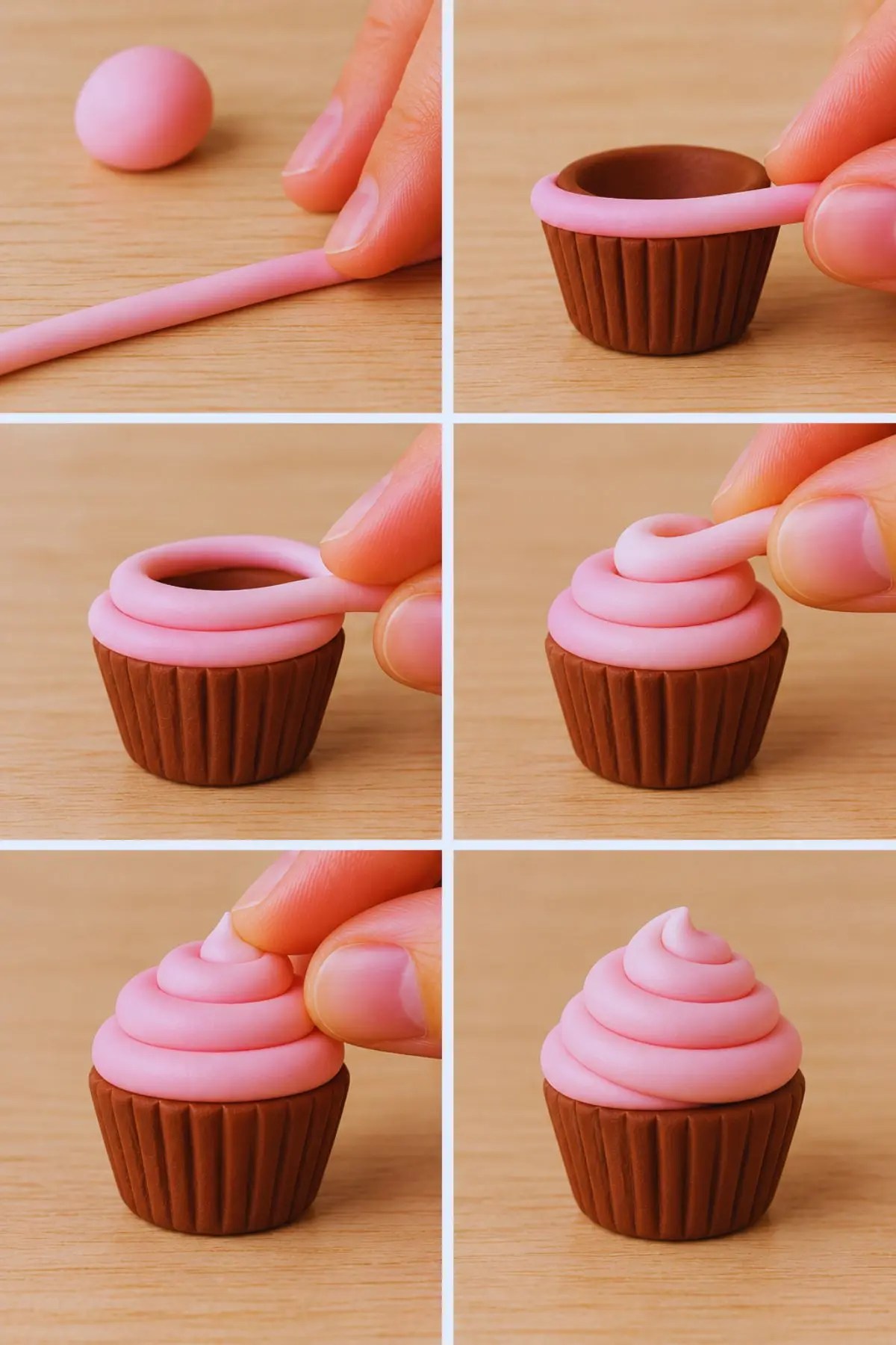 Step-by-step tutorial showing how to roll pink polymer clay into a thin rope and coil it in layers to create a rounded swirl of frosting on a miniature cupcake with a textured brown base.