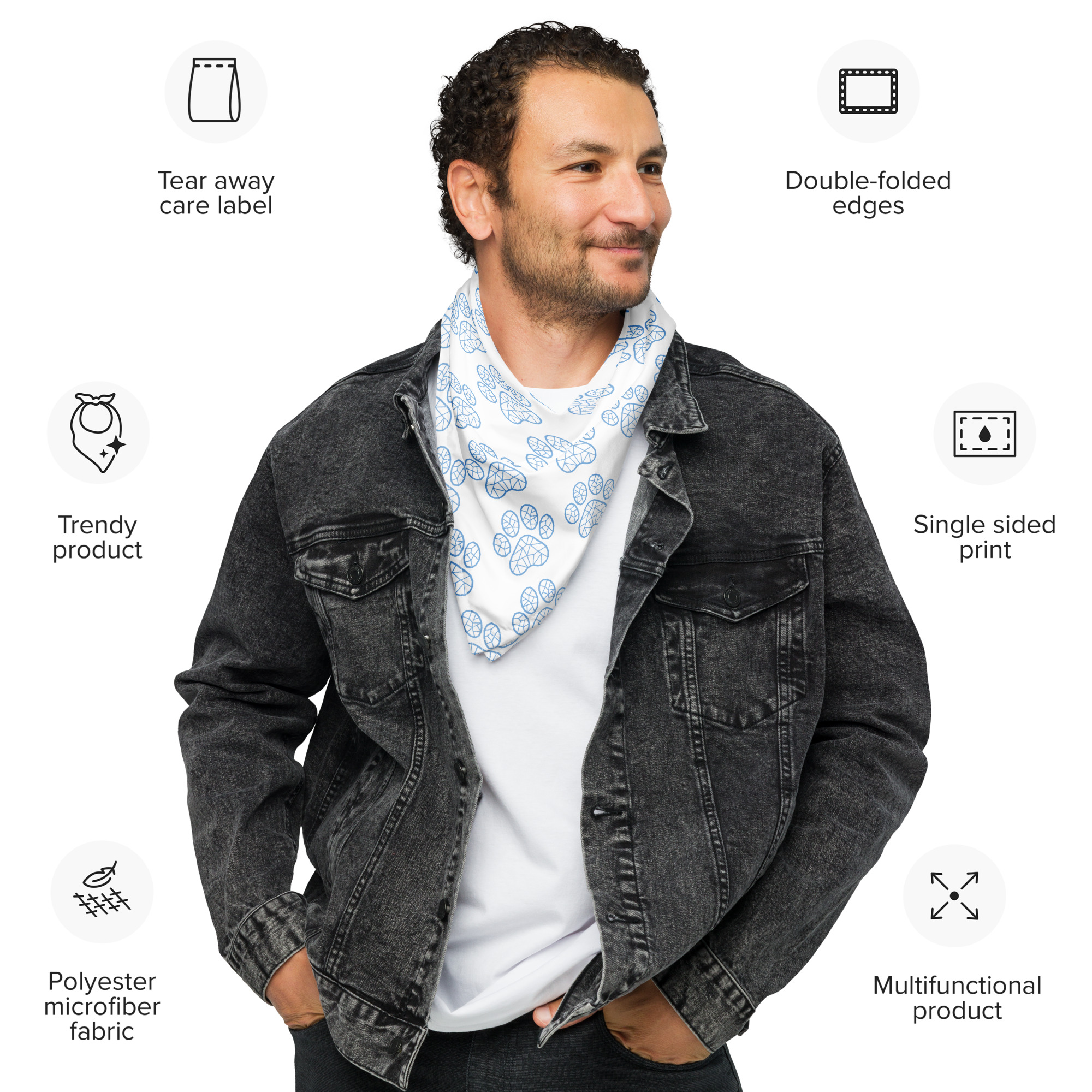 【ANGLAN】Bandana Paint Over Half Tee All-Over Print Bandana (Blue/Geometric Paw) – Pawfields