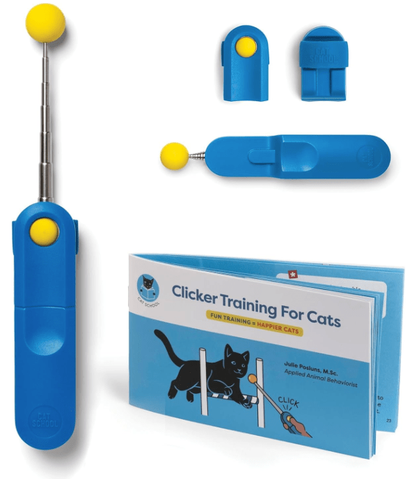 A blue clicker training device for cats with a yellow button, accompanied by two additional attachments and a training booklet titled 'Clicker Training For Cats'.
