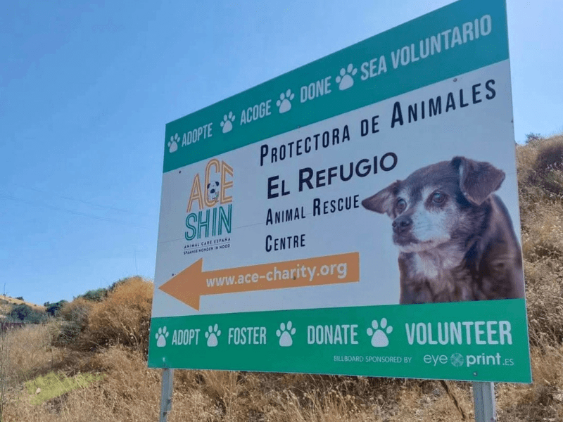Signboard for ACE SHIN El Refugio Animal Rescue Centre in Spain, with dog photo and adoption information.