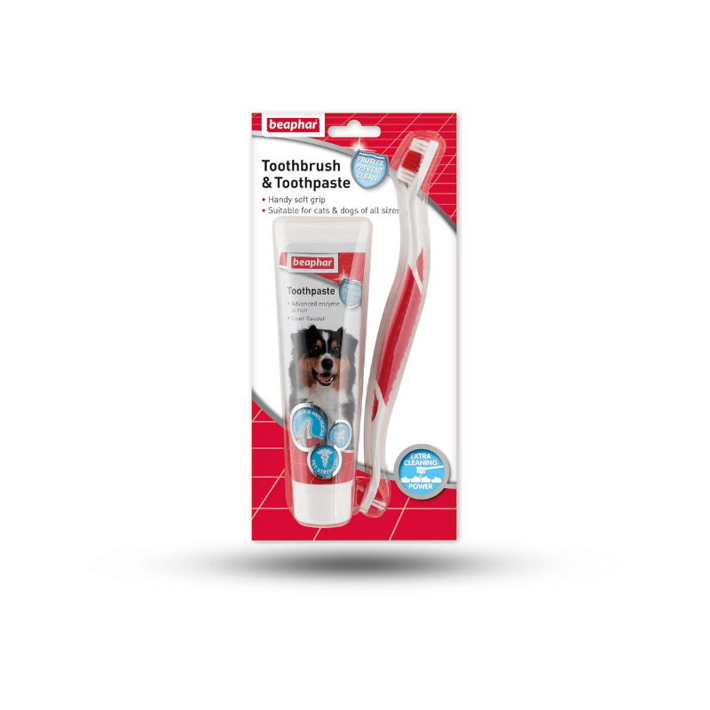 Beaphar toothbrush and toothpaste set for cats and dogs.