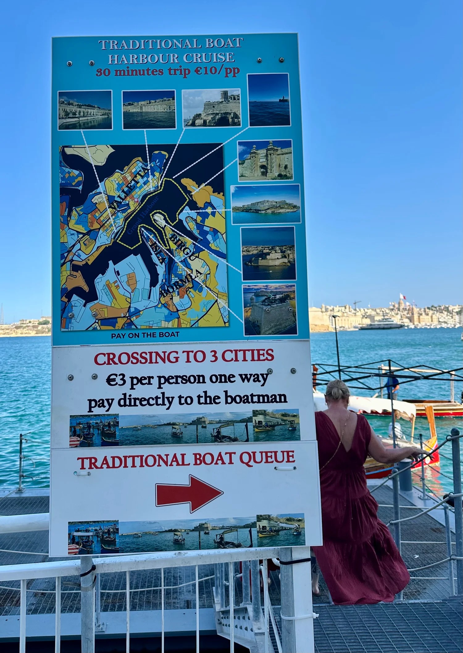Sign showing the prices for a traditional Maltese dgħajsa boat ride from Valletta to Birgu (Vittoriosa)