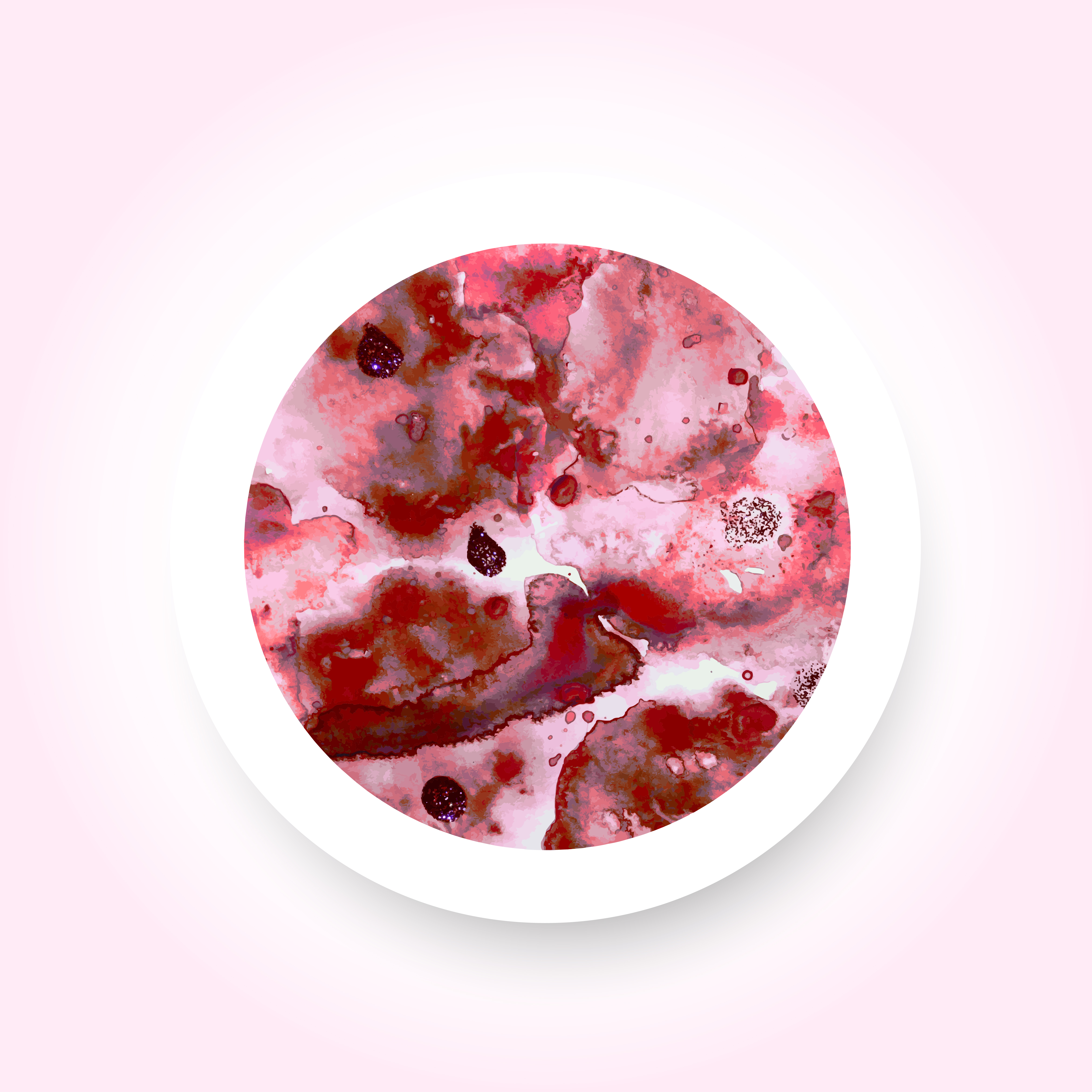 Abstract red colorful watercolor wash with the salt technique, round sticker. Vector EPS-10 file, transparency used.