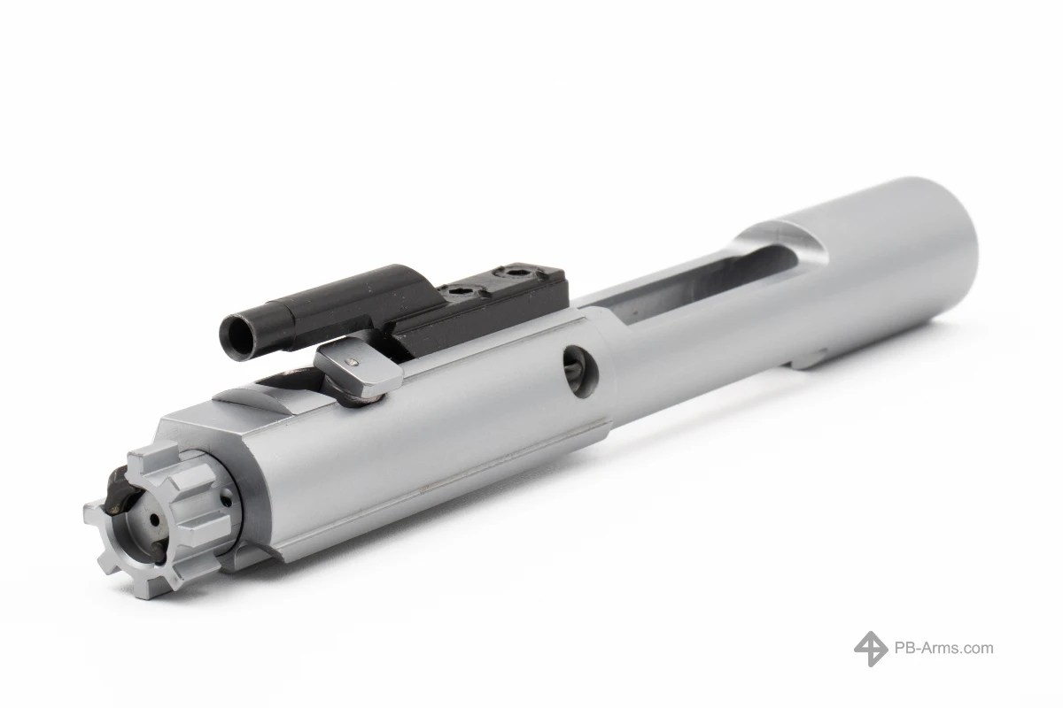 Left-side view of the Para Bellum Arms Enhanced Chrome Bolt Carrier Group, showcasing the hard chrome finish on the carrier, bolt head, and cam pin. The BCG includes the Microbest sub-components, Michiguns Optimized Carrier Key Screws (O.C.K.S.), index-marked cam pin, Sprinco 5-coil extractor spring, Sprinco ejector spring, and Sprinco gas rings for the ultimate in performance, reliability, and longevity.